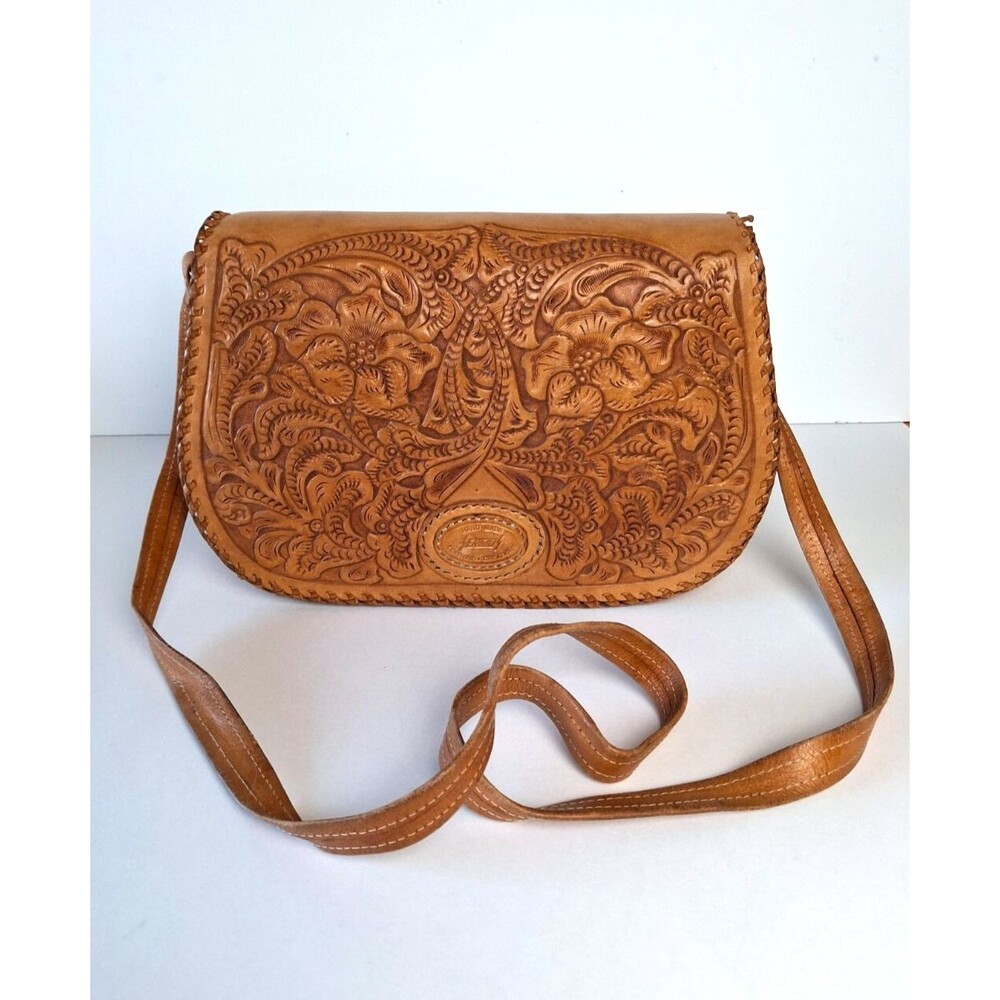 Sergios Leather Purse Handmade Crafted Hand Tooled Brown Floral Pattern